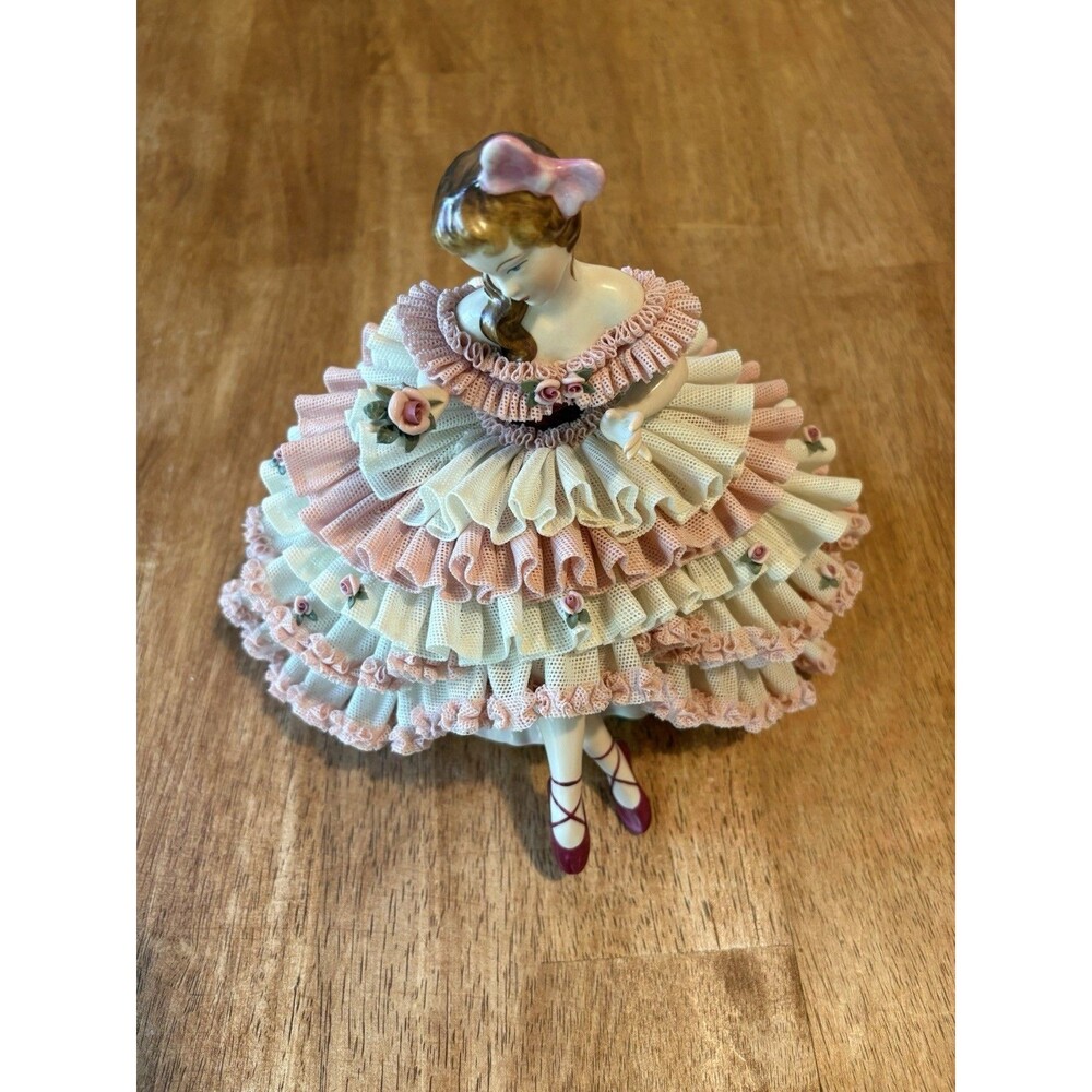Antique Dresden Style Porcelain Lace Figurine, Lady With Flower, Germany Rare